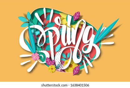 Design banner with spring is here logo. Card for spring season with white frame and herb. Promotion offer with spring plants, leaves and flowers decoration. Vector