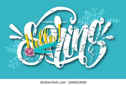 Design banner with spring is here logo. Card for spring season with white frame and herb. Promotion offer with spring plants, leaves and flowers decoration. Vector