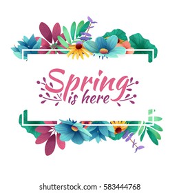 Design banner with  spring is here logo. Card for spring season with white frame and herb. Promotion offer with spring plants, leaves and flowers decoration.  Vector