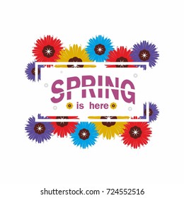 Design banner with spring is here logo. Card for spring season with white frame and herb. Promotion offer with spring plants, leaves and flowers decoration. Vector