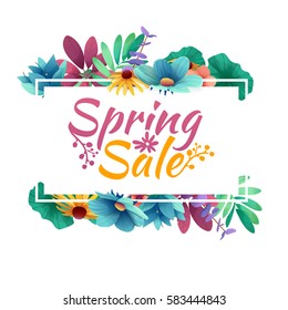 Design banner with  spring sale logo. Discount card for spring season with white frame and herb. Promotion offer with spring plants, leaves and flowers decoration.  Vector