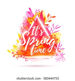 Design banner it's spring time. Flyer for spring season with triangle frame and herb. Poster with pink flower decoration on watercolor texture background.  Vector