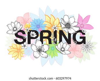 Design banner with spring time lettering. Card for spring season with hand drawn colorful flowers on white background. Vector illustration.