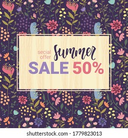 Design banner with summer sale logo. Summer season discount card with white frame and grass. Promotion offer with summer plants, leaves and flowers decoration. Vector