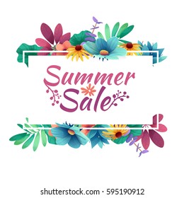 Design banner with  summer sale logo. Discount card for summer season with white frame and herb. Promotion offer with summer plants, leaves and flowers decoration.  Vector