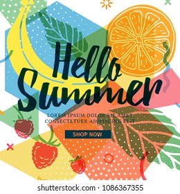 Design banner for summer season. Abstract geometric background with silhouettes fruit, lemon, strawberry and mint. Text hello summer on grunge modern texture backdrop. Vector.