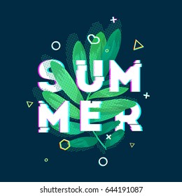 Design banner with Summer text. Glitch texture text with plant decoration. Template seasons poster with green leaf and geometric shape on dark blue background. Vector.