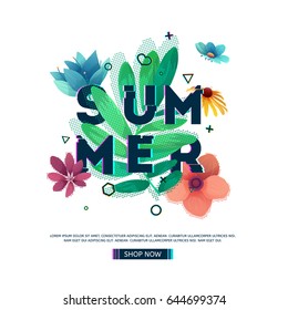Design banner with Summer text. Glitch text with flower and plant decoration. Template seasons poster with green leaf and geometric shape. Vector.