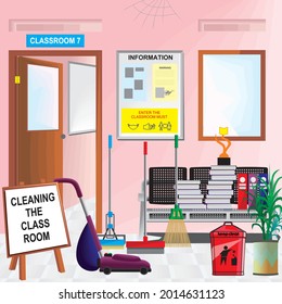 design for a banner with the theme of back to school and start the activity starting cleaning the classroom . Background and text can be edited according to your needs.