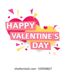 Design banner for Valentine's day. Modern symbol with geometric particles for happy Valentine's day holiday. Pink and yellow couple heart with text for romantic card and banner. Vector. 