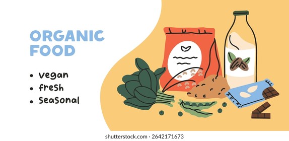 Design of banner with vegan grocery products. Advertising template of store with vegetarian food. Layout with organic grain, farm greenery, almond milk for healthy eating. Flat vector illustration