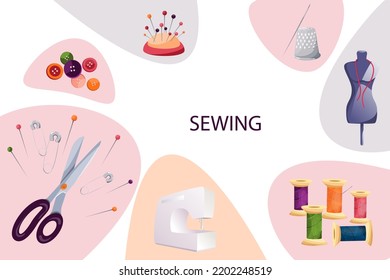 Design of a banner or a web page of a tailoring studio, a fashion designer's studio, a tailor.A set of tools for sewing and repairing clothes.Sewing equipment.