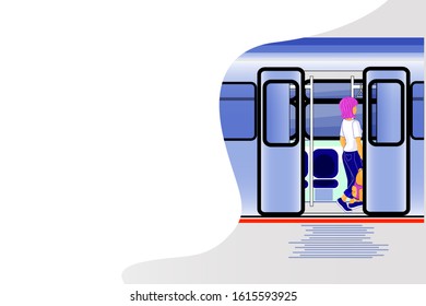 Design for banner or website with copyspace - young tourist girl inside empty subway train. Doors open at metro station. City urban concept. Trendy flat vector illustration. 