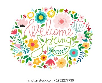 Design banner with Welcome spring logo. Card for spring season with white frame and herb. Promotion offer with spring plants, leaves and flowers decoration. Vector