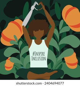 Design banner with Woman portrait with symbol Inspire Inclusion. Internation Women's Day poster template in trendy Groovy style. Vector illustration can used web and social media banner, card, print 