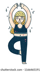 Design banner with yoga  blonde girl. Poster with cartoon character of a woman. Plu size girl with scar in sports wear for body positive illustration.  Cute female model overweight. Vector