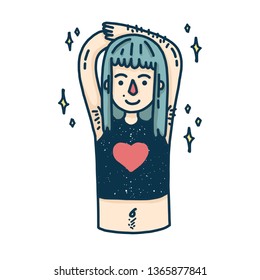 Design banner with a young girl.  Cute cartoon woman with body hair. Happy character for a body positive poster.  Feminist teenager model with unshaven armpits. Vector