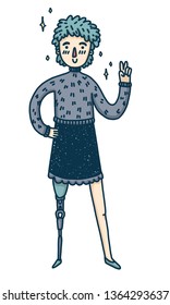 Design banner with a young girl disabled. Cute cartoon woman with prosthetic leg. A happy character for a body positive poster or banner.  Cute female model with blue hair. Vector