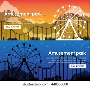 Design banners amusement park with a Ferris wheel and a roller coaster on a background of mountains. Web template in the daytime and at night. Vector illustration