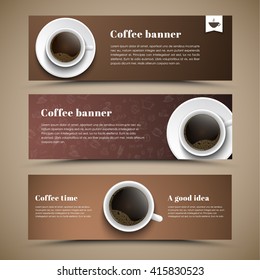 Design banners with a cup of coffee;  for shops, cafes or restaurants. Templates of different colors. Vector illustration. Set