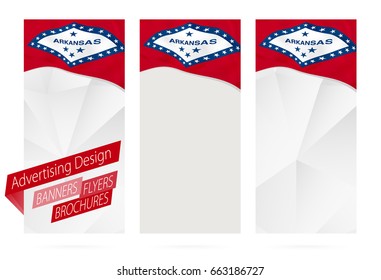 Design of banners, flyers, brochures with Arkansas State Flag. Leaflet Template for website or printing. Vector Illustration.