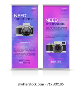 Design of banners, flyers with camera on Abstract triangle shapes background. Vector illustration.