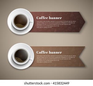 Design banners in the shape of arrows and ribbons with a cup of coffee that is worth to them; for shops, cafes or restaurants. Template of different colors. Vector illustration. Set