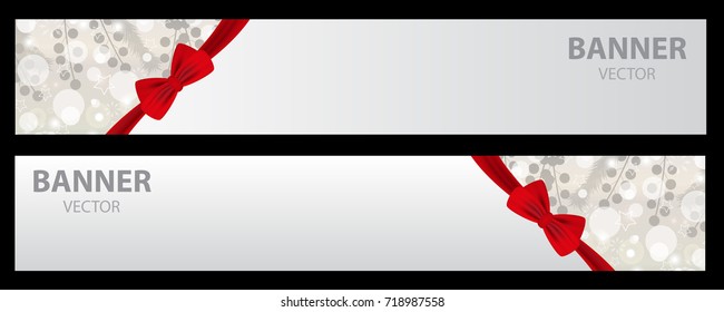 Design banners. Silver holiday background with red bow for Christmas and New Year. Vector illustration.