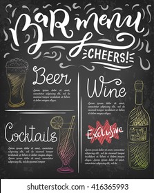 Design of bar menu. Modern brush lettering, hand-drawn illustrations on chalkboard.