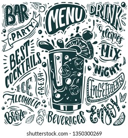 Design of bar menu in sketch style with hand lettering in black & white colors