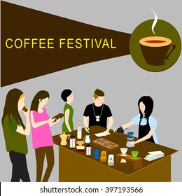 Design of barista competition for coffee drip in coffee festival with staff and colleague in vector illustration. Cartoon in flat style. 