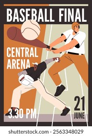 Design of baseball match event poster. Template of sports competition, game, play promotion. Professional sportsmen, players in uniform hit with bat, bounce, throw ball. Flat vector illustration