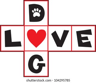 A design based on a hop-scotch layout, the squares having black letters spelling out "Dog Love", with a red heart occupying the central square.