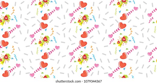 design based on Memphis style with flower and heart in it