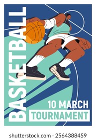 Design of basketball competition event poster. Template of basket ball game, match promotion. Advertising of sports tournament, championship. Sportsman in uniform plays. Flat vector illustration