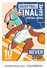 Design of basketball match event poster. Advertising of final game of sports competition. Promotion template of basket ball tournament, championship. Sportsmen play, contest. Flat vector illustration