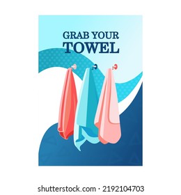 Design with bath towels. Vivid flowing background and rolled or hanged towels. Spa and relaxation concept. Template for promotional leaflet or flyer