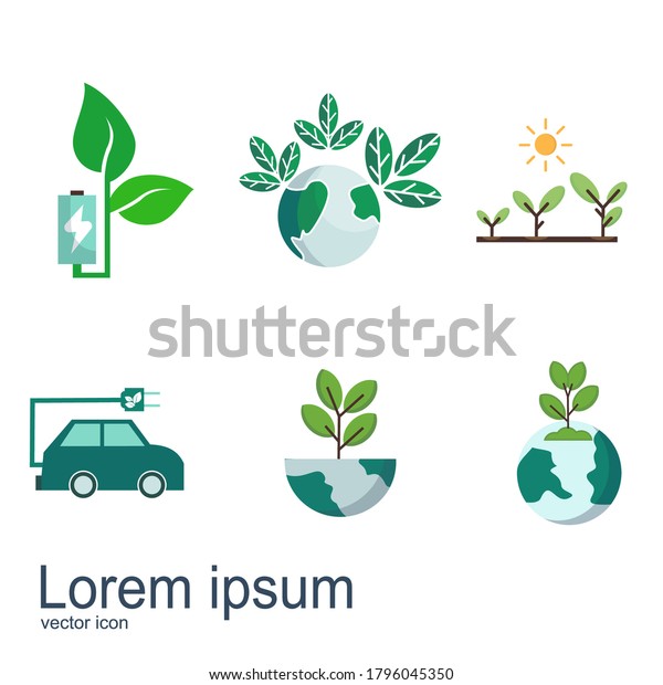 design of batteries, electric cars, earth, plants\
and leaves. natural energy illustration. illustration of\
maintaining ecology in flat\
style.