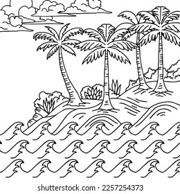 Design Beach Landscape Outline for Coloring Page or Element
