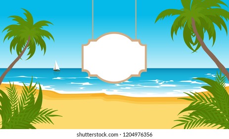 The design of a beach scenery in the morning with a blank sign.