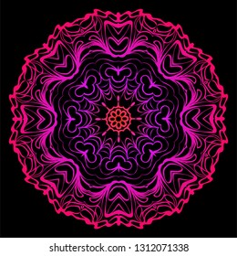 Design With Beautiful Floral Mandala Ornament. Vector Illustration. For Coloring Book, Tattoo. Anti-Stress Therapy Pattern. Indian, Moroccan, Mystic, Ottoman Motifs. Black, purple color.