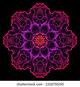 Design With Beautiful Floral Mandala Ornament. Vector Illustration. For Coloring Book, Tattoo. Anti-Stress Therapy Pattern. Indian, Moroccan, Mystic, Ottoman Motifs. Black, purple color.