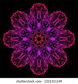 Design With Beautiful Floral Mandala Ornament. Vector Illustration. For Coloring Book, Tattoo. Anti-Stress Therapy Pattern. Indian, Moroccan, Mystic, Ottoman Motifs. Black, purple color.