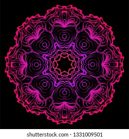 Design With Beautiful Floral Mandala Ornament. Vector Illustration. For Coloring Book, Tattoo. Anti-Stress Therapy Pattern. Indian, Moroccan, Mystic, Ottoman Motifs. Black, purple color.