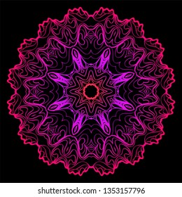 Design With Beautiful Floral Mandala Ornament. Vector Illustration. For Coloring Book, Tattoo. Anti-Stress Therapy Pattern. Indian, Moroccan, Mystic, Ottoman Motifs. Black, purple color.