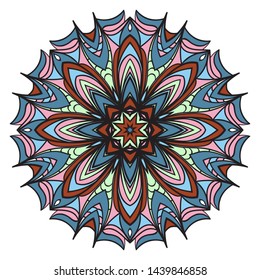 Design With Beautiful Floral Mandala Ornament. Vector Illustration. For Coloring Book, Tattoo. Anti-Stress Therapy Pattern. Indian, Moroccan, Mystic, Ottoman Motifs. 