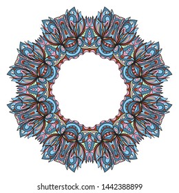 Design With Beautiful Floral Mandala Ornament. Vector Illustration. For Coloring Book, Tattoo. Anti-Stress Therapy Pattern. Indian, Moroccan, Mystic, Ottoman Motifs. 