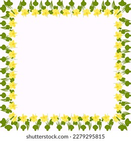 Entwerfen Sie einen schönen Rahmen aus Frühlingsblumen. Für eine Postkarte, Banner, Poster, Einladung. Stelle, um Text einzufügen. Vektorgrafik.