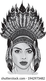 design of Beautiful girl in a headdress of North American Indians.
