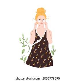 Design with beautiful young blond woman cares for skin around eyes with moisturizing cosmetic patches, flat vector illustration isolated on white background.